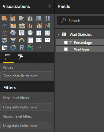 The Visualizations and Fields columns from the Power BI Desktop display. In the Fields column, under Wait Statistics, the Percentage and WaitType fields are available.